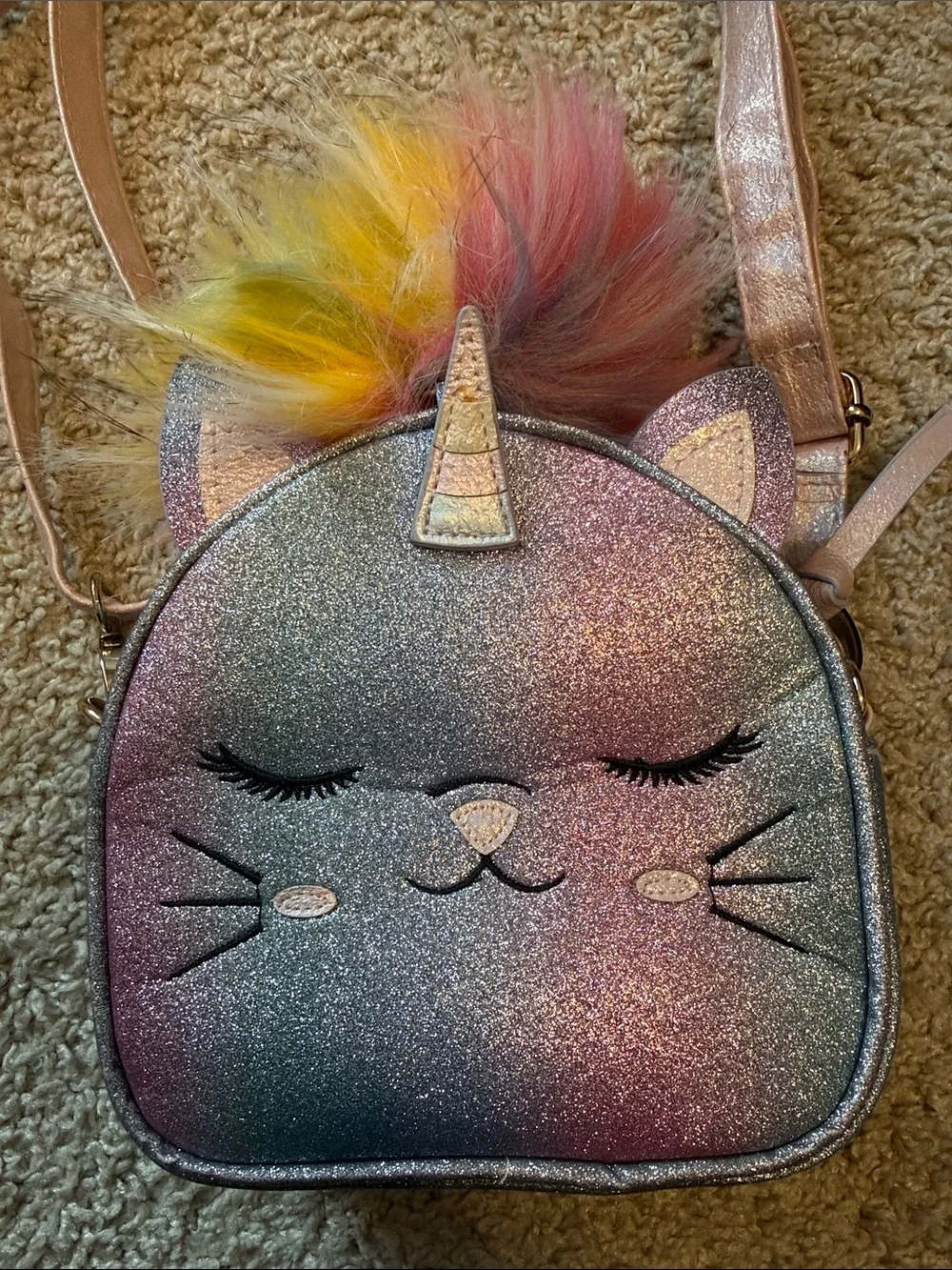 Under One Sky Shimmering Pastel Cat Crossbody with Rainbow Pom
